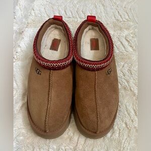 UGG Brown Suede Slippers with Red Accents